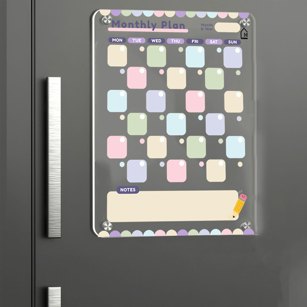 Pastel Acrylic Monthly Planner Board – Magnetic Fridge Organizer with Notes Section, Pens & Rag - Memories InsitePASTEL BLOCK MONTHLY FRIDGE PLANNER 1